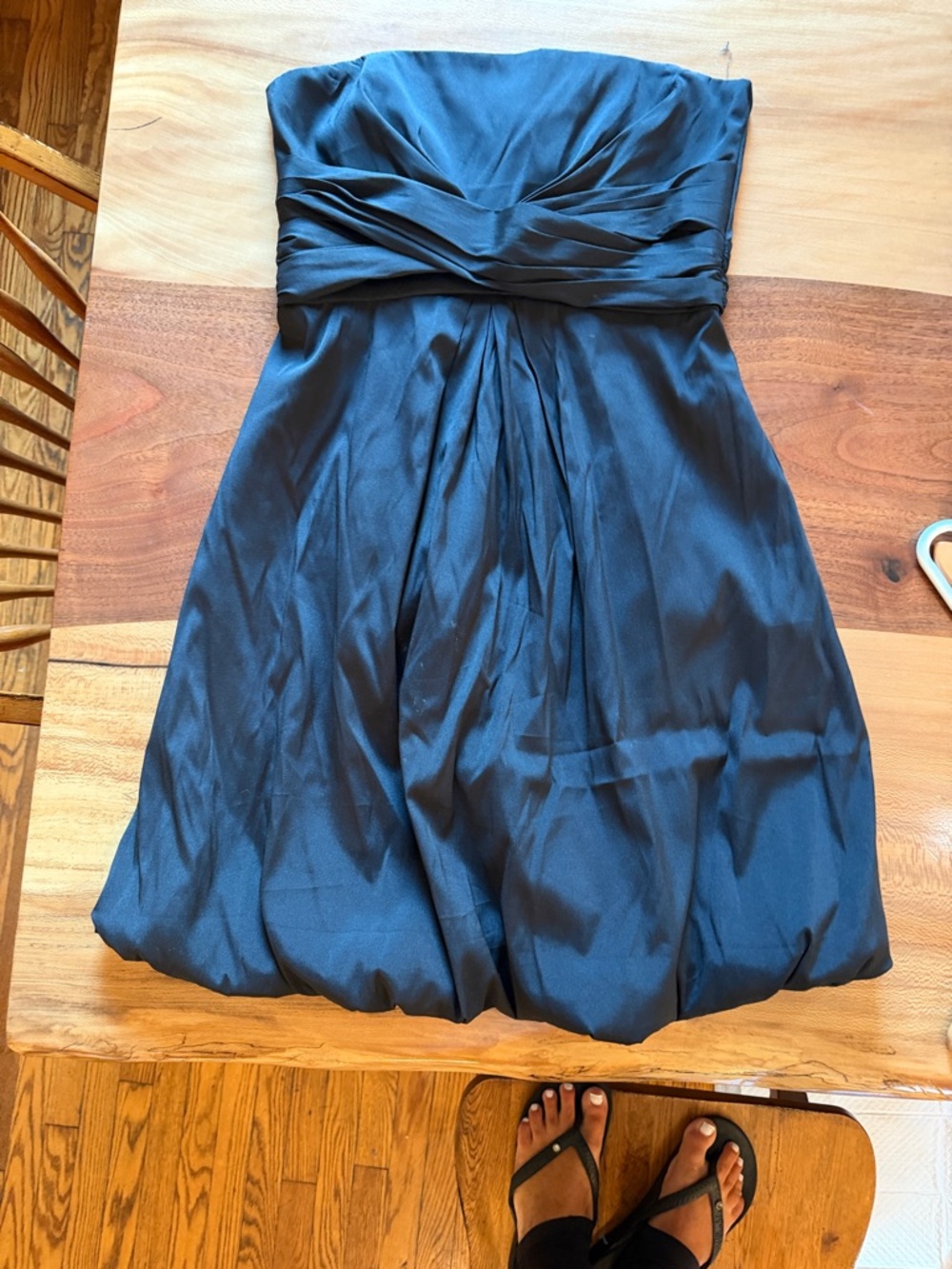 White House Black Market Strapless Black Satin Bubble Hem Dress